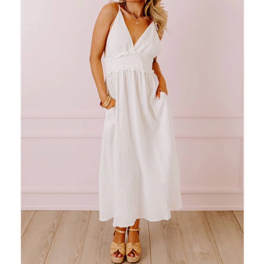 🟠NWT Gauze Material V-Back Shoulder Tie Midi Dress with Pockets in White LARGE